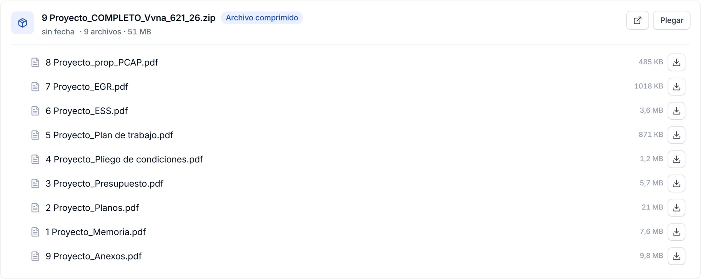 Archivo comprimido de una licitación abierto como un árbol de carpetas
